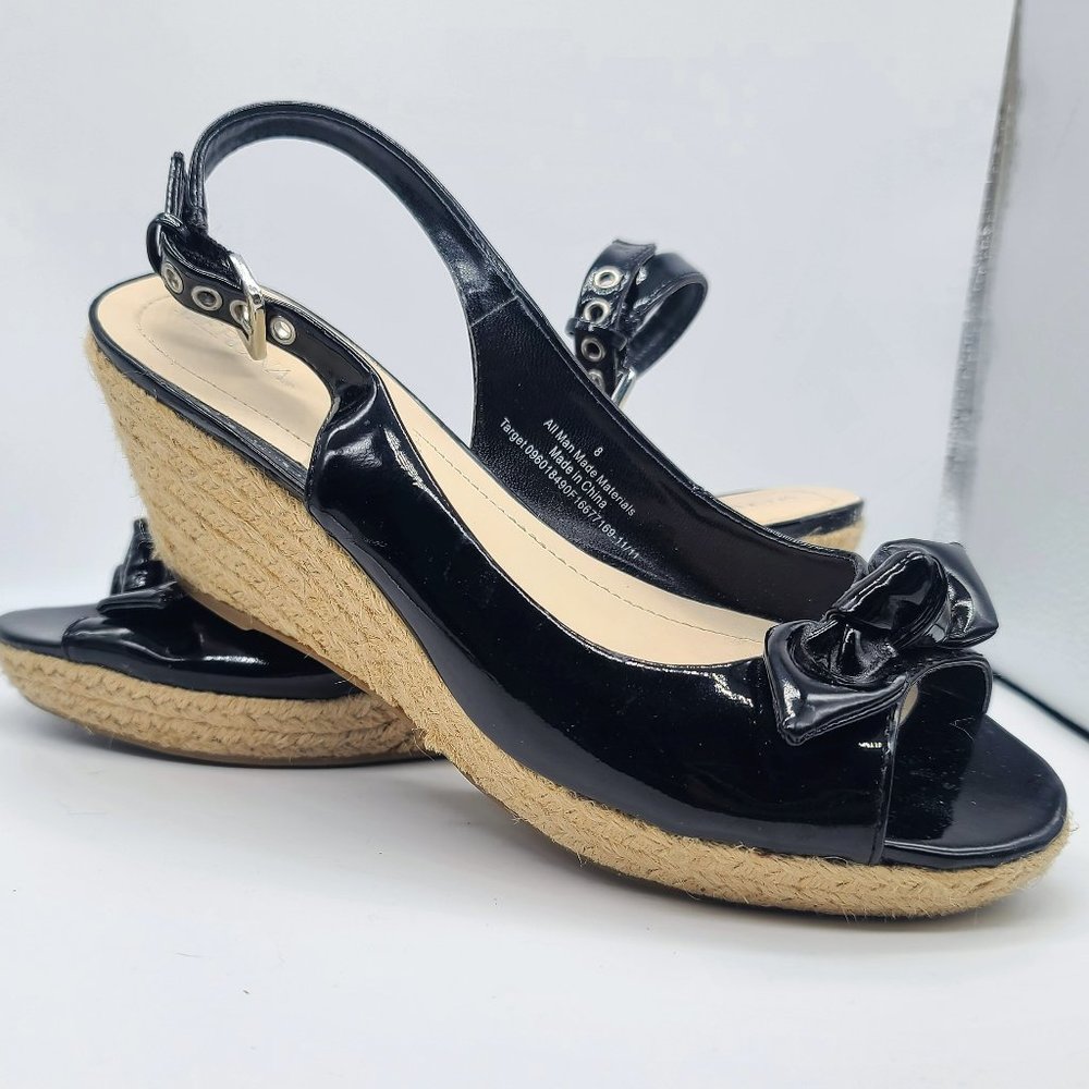 Merona Black Shiny Patent Leather Peek-a-boo Wedges w/ Woven Jute/Twine, Size 8